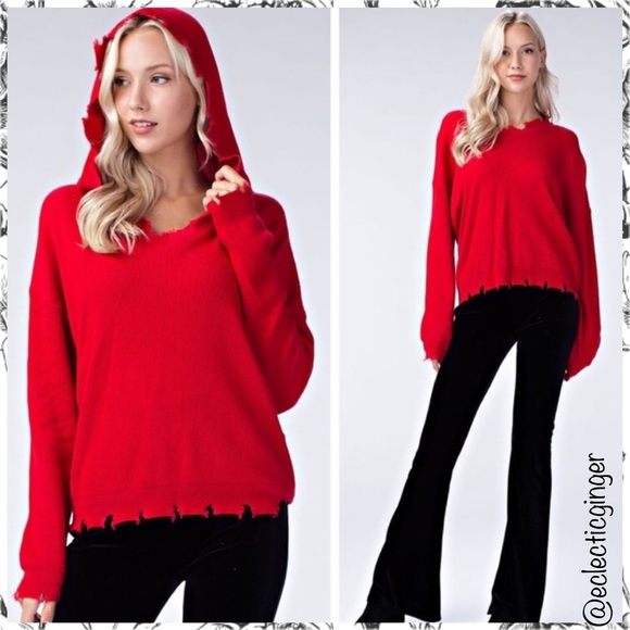Red distressed & frayed edge hooded long sleeve sweater Medium M Large L hoodie - Picture 3 of 7